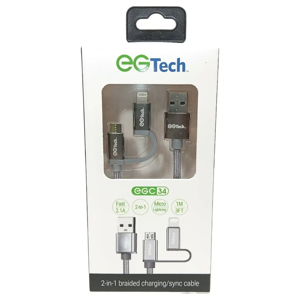 EG Tech 2-in-1 Charging Sync Cable Gray Braided 3 ft 2.1A USB Micro-USB Lighting
